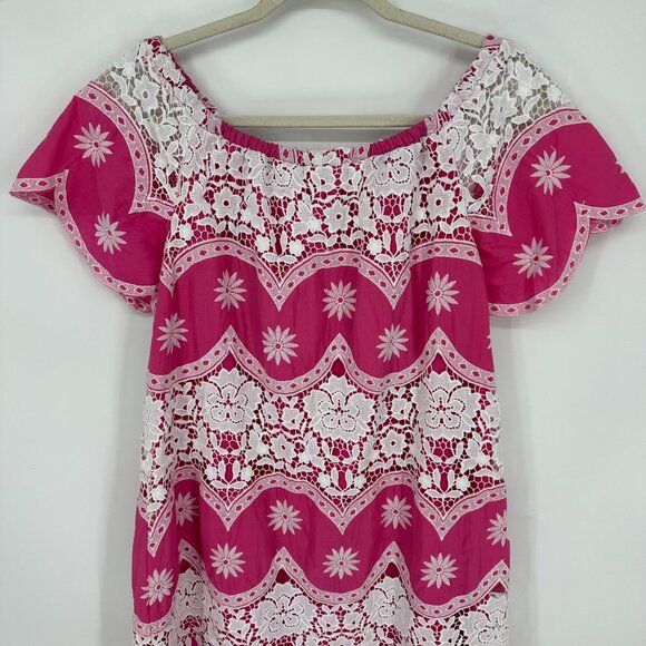 ASOS Off Shoulder Mini Dress 4 Embroidered Floral Crochet Lace Boho Hot Pink - Picture 7 of 11